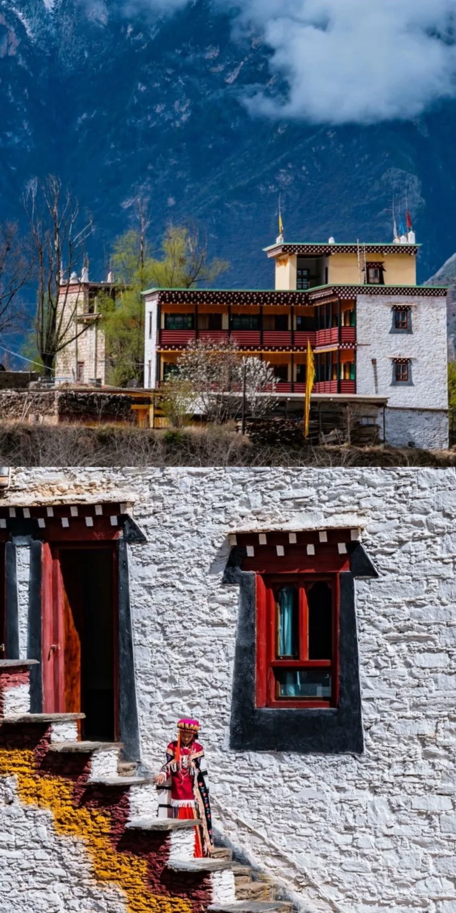 A woman in traditional dress standing on the exterior steps of a stone house in Zhonglu Tibetan Village, Danba
