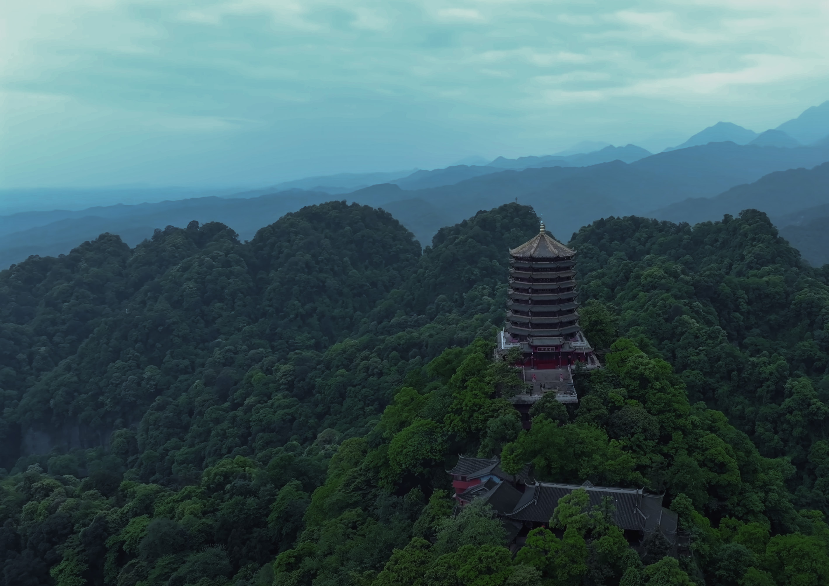 A mountain temple, temporary journey placeholder to be replaced with Mount Qingcheng imagery